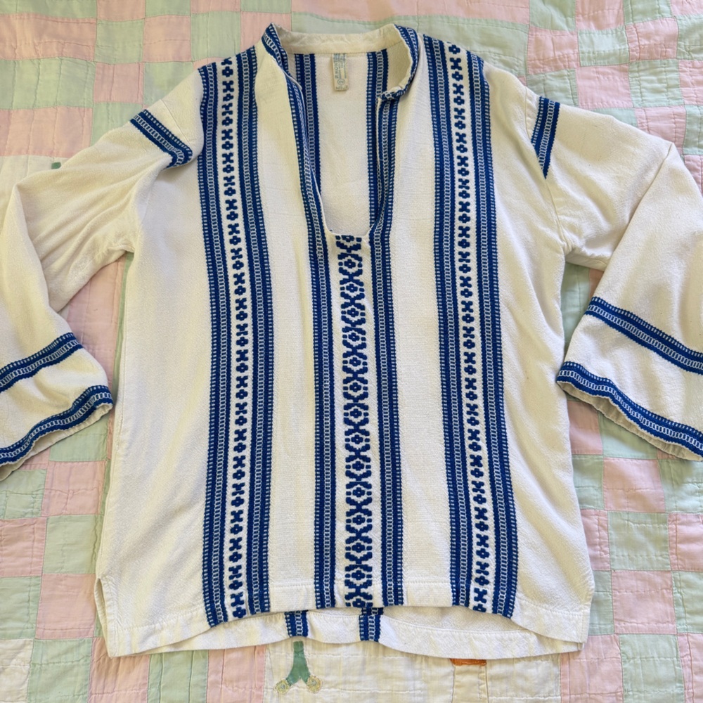 White and Blue Embroidered Vintage Tunic from Greece